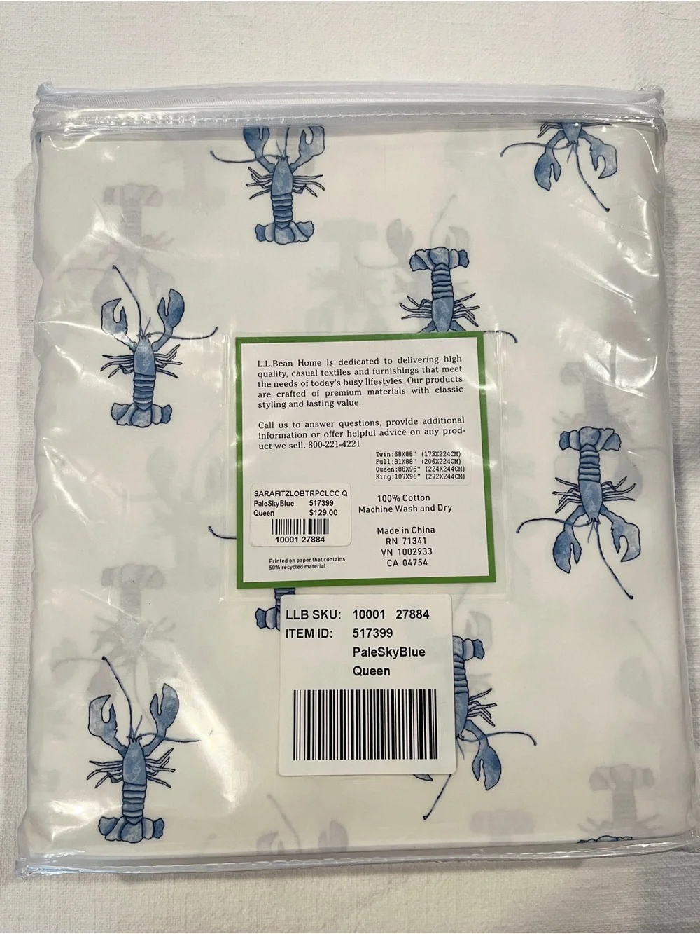 LL Bean x Sara Fitz Lobster Comforter Cover, Queen, NWT